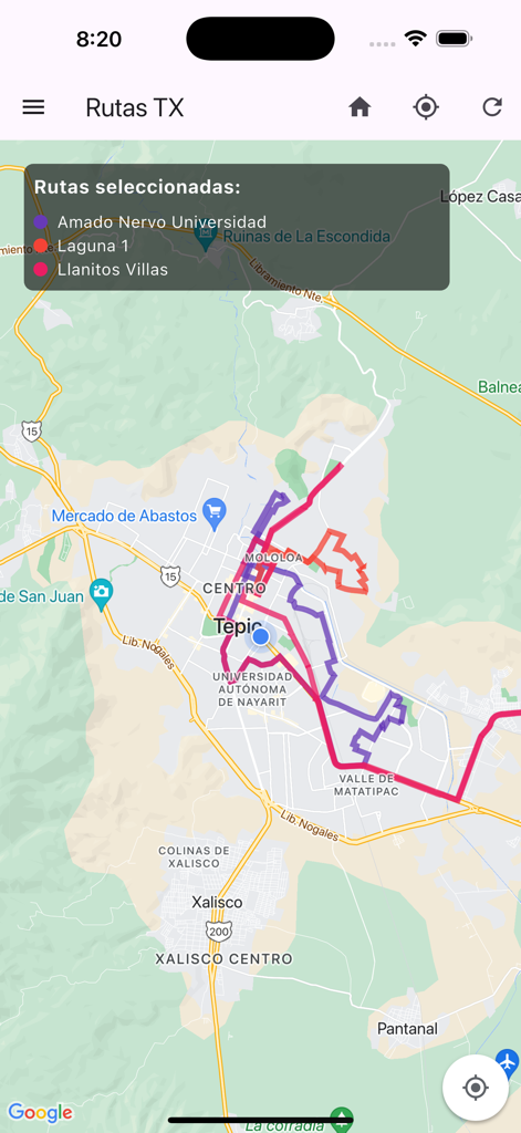 RTX - Una interfaz de mapa de la aplicación RTX que muestra varias rutas de autobús y combi en Tepic México