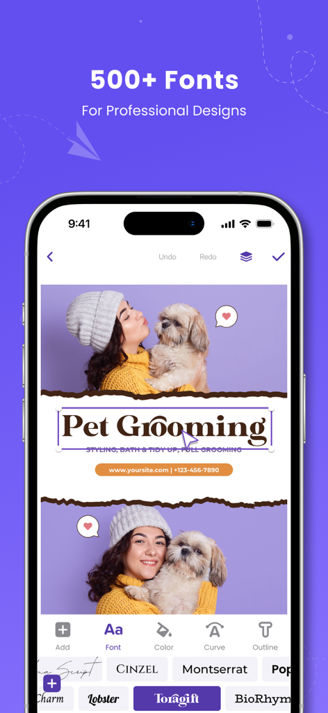 Poster Maker - Flyer Creator! - Interface do aplicativo móvel POSTFLY mostrando um design de folheto para cuidados com animais de estimação com mais de 500 opções de fontes profissionais