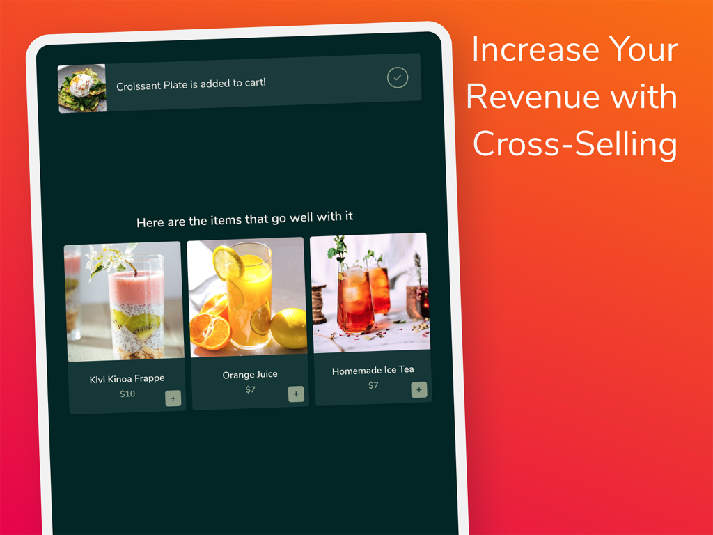 FineDine Tablet Menu App - FineDine app interface showing cross-selling suggestions like drinks to increase restaurant revenue on a tablet menu