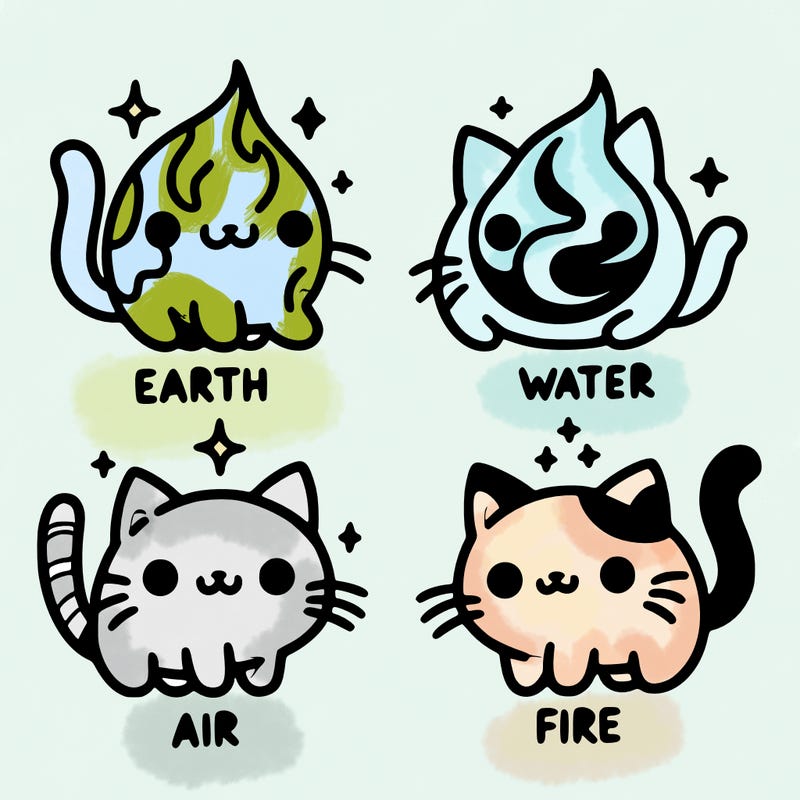 4 cats that represent the different elements, earth, water, air, and fire