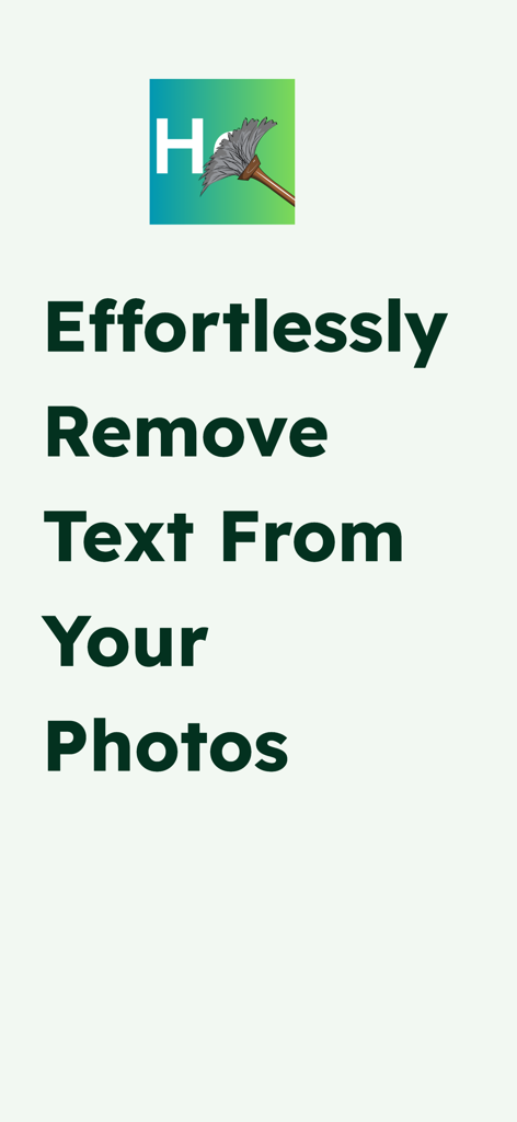Tela promocional para o aplicativo Remover Texto de Fotos mostrando o ícone e o texto Remova Facilmente Texto de Suas Fotos