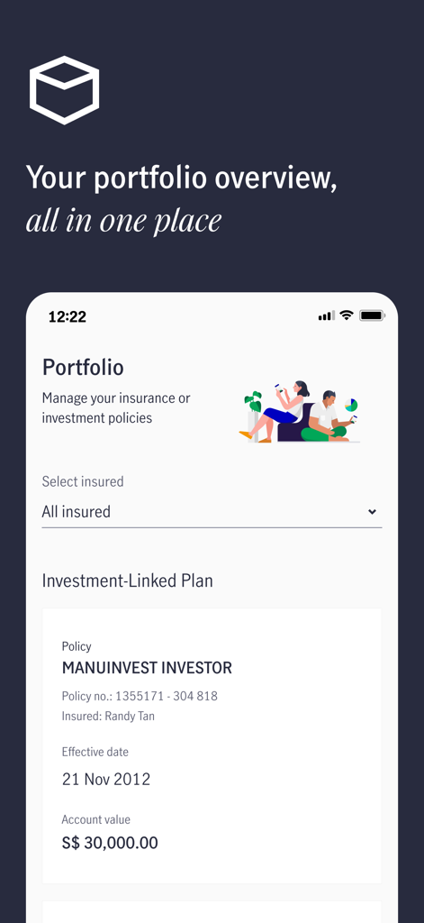 Manulife Singapore app showing a portfolio overview of an investment linked plan