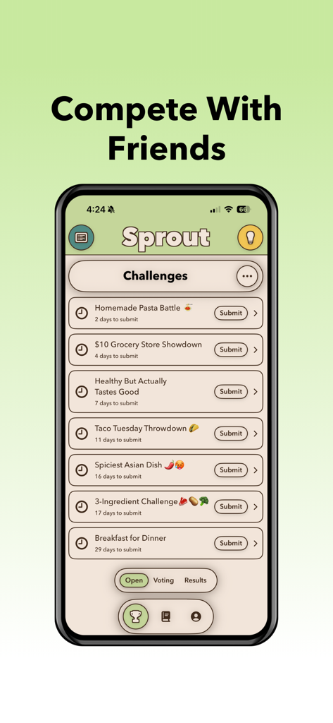 Sprout - Competitive Cooking - A smartphone showing the Sprout app challenges screen with various cooking competitions like Homemade Pasta Battle and Taco Tuesday Throwdown.