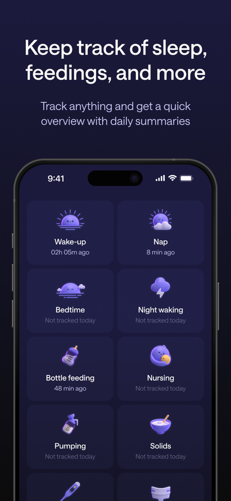Napper: Baby Sleep Tracker - Napper アプリのインターフェースに、赤ちゃんのお昼寝と授乳のトラッキングオプションが表示されています