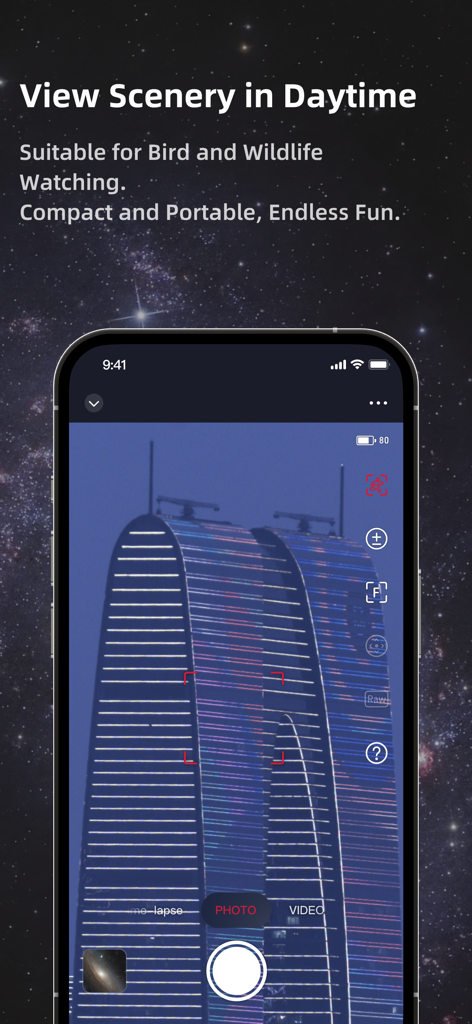 Seestar - Seestar app interface showing scenery mode for daytime building and landscape observation.