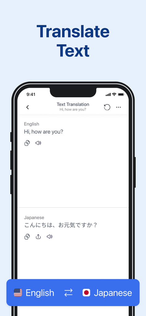 Photo Translator AI - Interface of Photo Translator AI app showing a text translation from English to Japanese