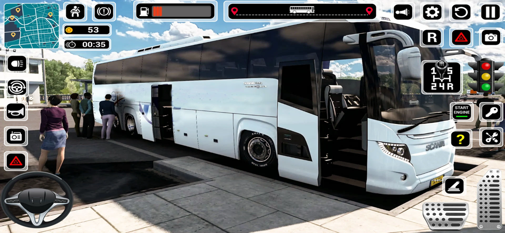 Real Bus Driving Game - Jugabilidad del simulador de autocar urbano 3D que muestra un autocar blanco en una estación con pasajeros abordando