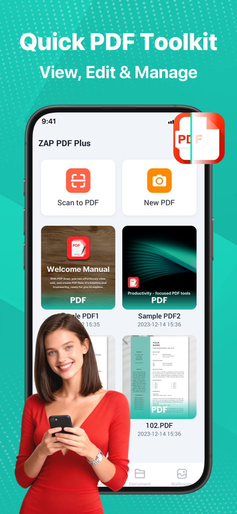 ZAP PDF Plus: Reader & Editor - Mobile screen of ZAP PDF Plus app showing PDF management tools and a smiling woman holding a phone.