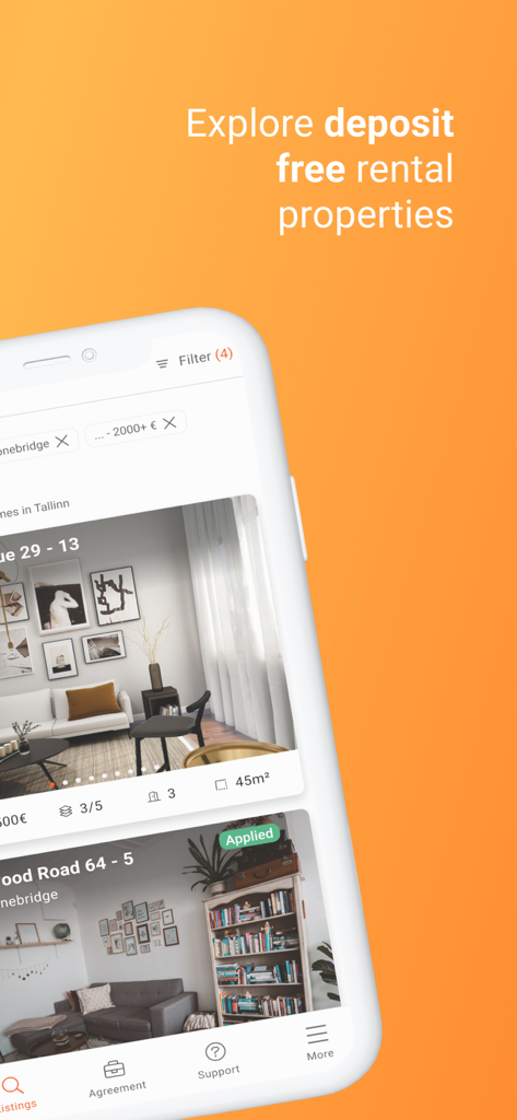 Rendin - Safe Rental Agreement - Rendin mobile app interface showing a list of rental properties available without a security deposit.