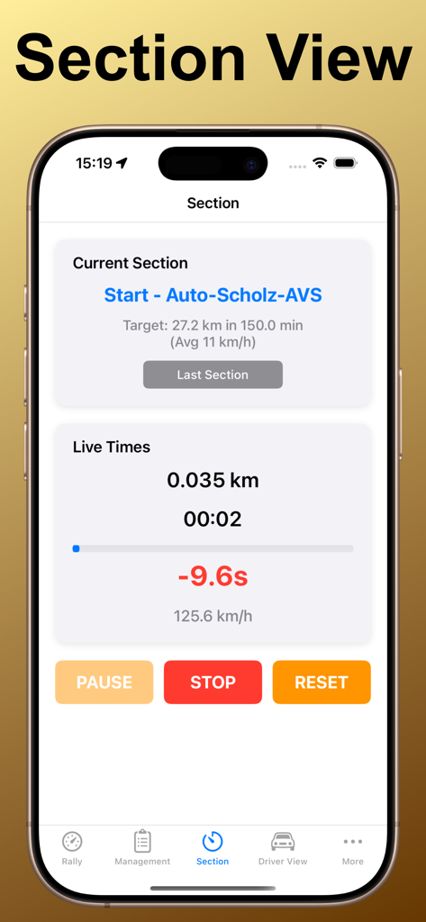 Interface do aplicativo OldTimer Rally Timer exibindo cronometragem de seção ao vivo e rastreamento de distância para provas de regularidade.