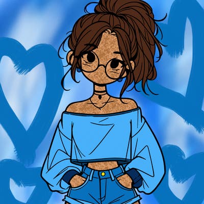 girl with a messy ponytail glasses a baggy crop top and jean shorts