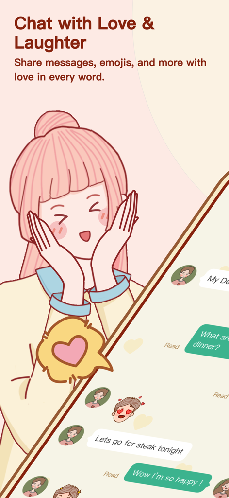 Una linda interfaz de chat privado en la aplicación Couple2 con un personaje animado y mensajes románticos.