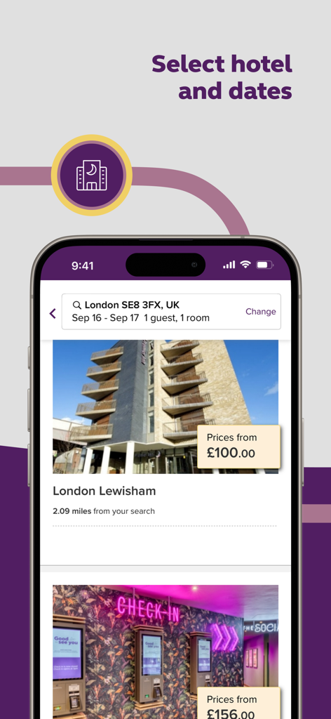 Premier Inn Hotels - Premier Inn mobile App-Bildschirm mit Hotelsuchergebnissen in London mit Preisen und Fotos