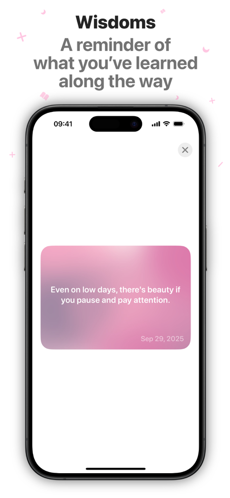 Reflect & Journal - Bloom - A screen in the Bloom app titled Wisdoms showing a daily reflection quote on a pink gradient card