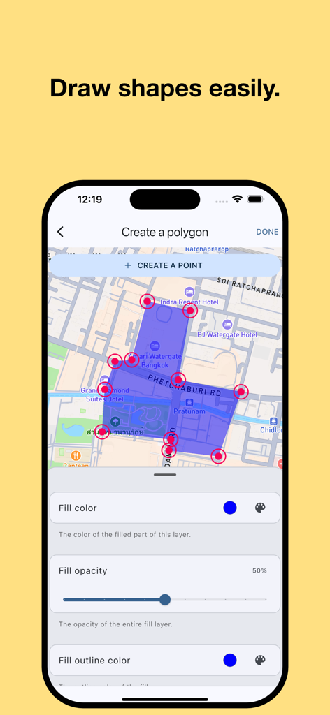 Open Maps: Create & Share - 도시 지도 위에 그려진 파란색의 사용자 지정 폴리곤과 색상 및 투명도 설정이 표시된 Open Maps의 모바일 인터페이스.