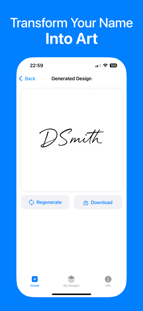 AI Signature Maker - AI署名メーカーアプリのインターフェース内で生成されたDSmithのプロフェッショナルな筆記体署名