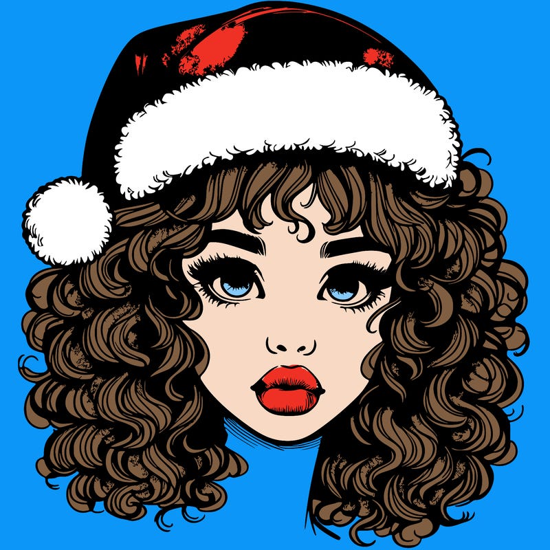 realistic girl with a santa hat curly hair and lips