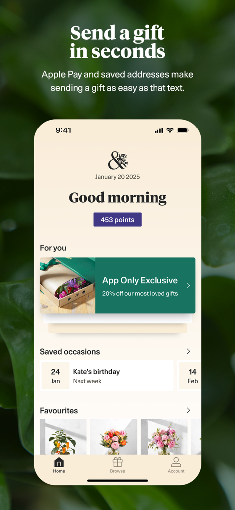 Bloom and Wild app interface displaying seasonal flowers and saved birthday reminders
