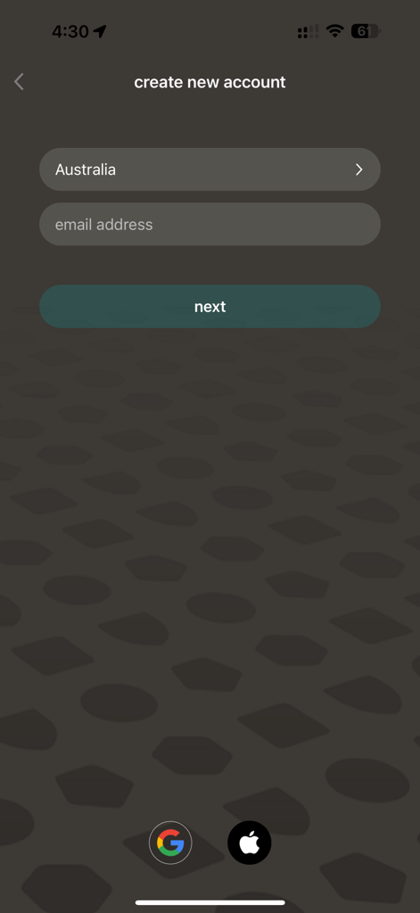 Grid Connect app account creation screen featuring email input and social login options for Apple and Google