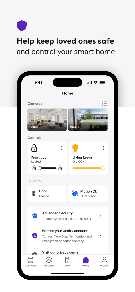 Xfinity-App-Dashboard für die Smart-Home-Steuerung, einschließlich Sicherheitskameras, Türschlössern und Beleuchtung