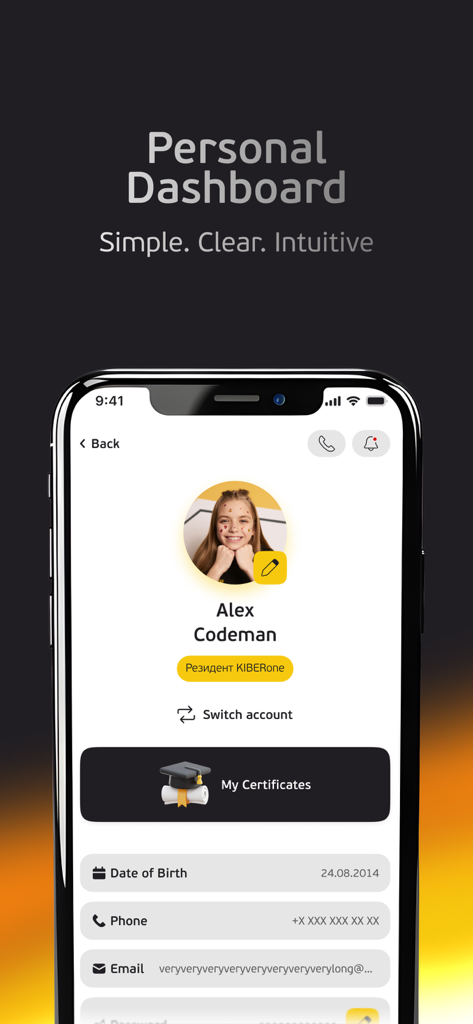 A personal dashboard in the KIBER 1 app showing a student profile with personal info and certificates.