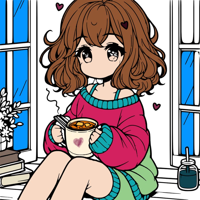 cute anime girl reading book and drinking hot chocolate from mug with loose wavy hair wearing a baggy sweatshirt and shorts sitting by windowsill looking out