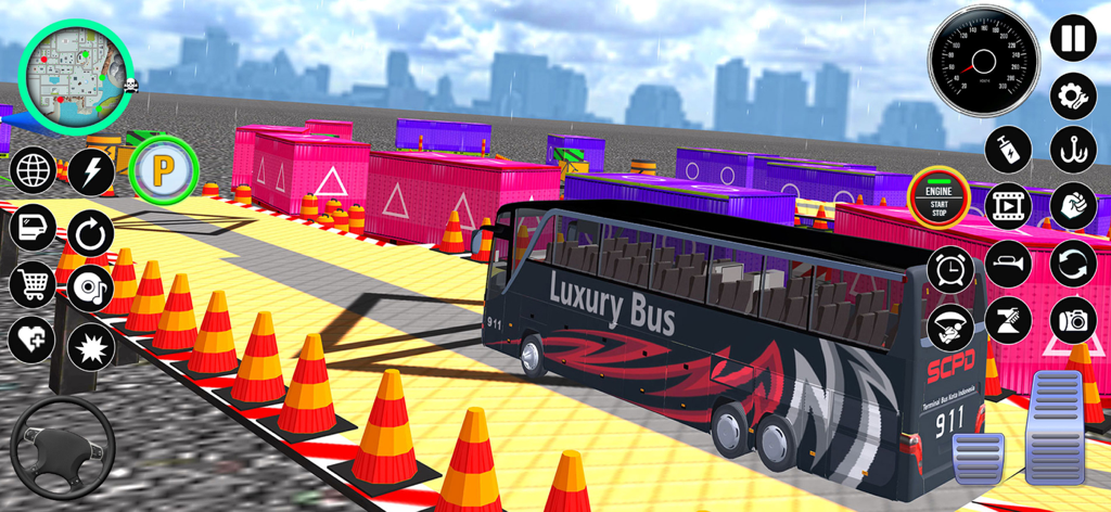 City Bus Simulator 3D Stunt - A black luxury bus navigating a stunt obstacle course with traffic cones and colorful shipping containers in a city setting.