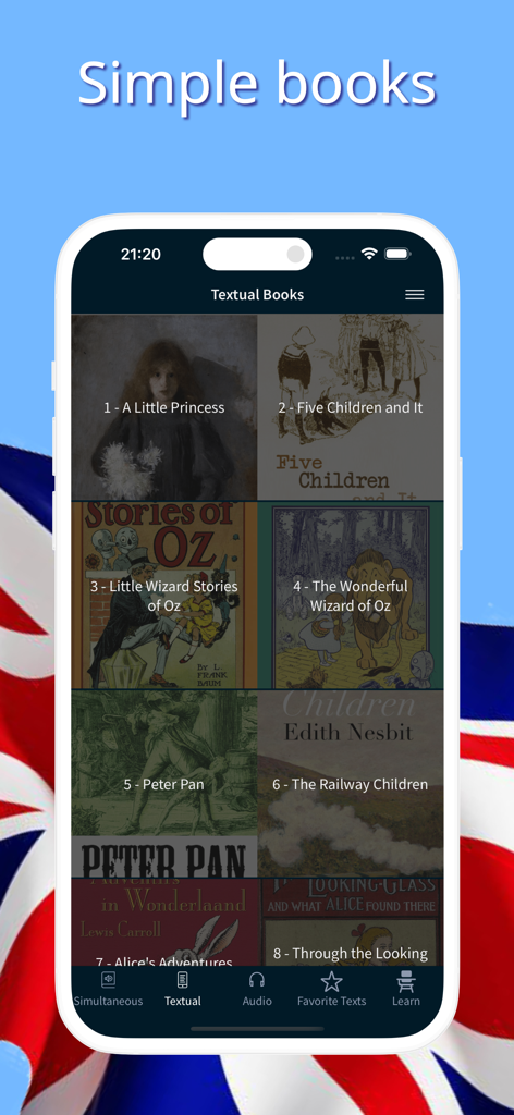 English Reading & Audio Books - Interface showing a grid of classic English books like Peter Pan and The Wizard of Oz for language learning
