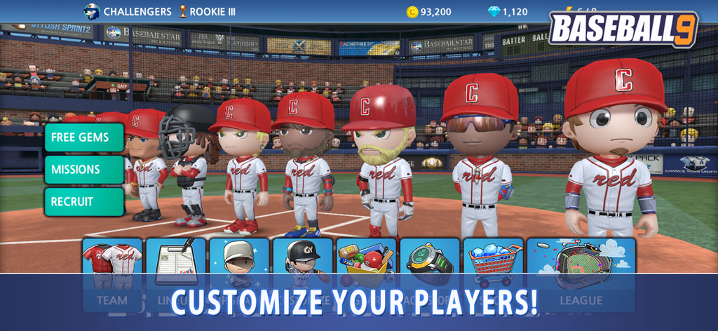 BASEBALL 9 - BASEBALL 9のスタジアムに並ぶ、様式化されたカートゥーン野球選手のラインナップ。キャラクターカスタマイズが紹介されています。