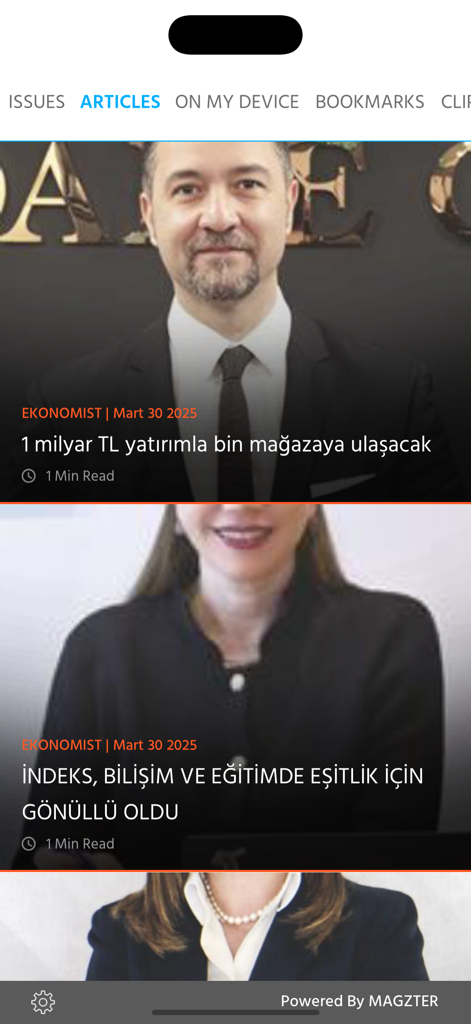 Ekonomist - The articles feed of the Ekonomist app showing business news headlines and featured images from the Turkish economy.