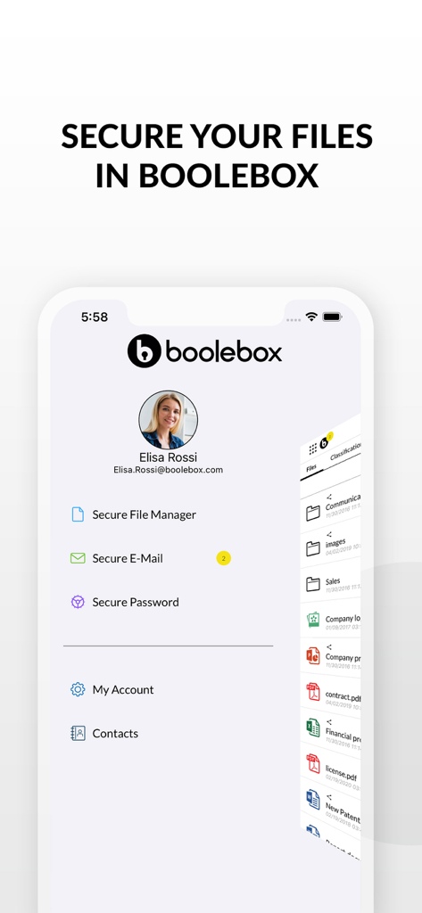 Boolebox - Menu principale dell'app Boolebox che mostra opzioni di gestione sicura dei file, email sicura e password sicura per dati aziendali riservati