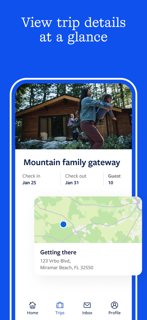 Vrbo app screen displaying trip details for a mountain family vacation home booking