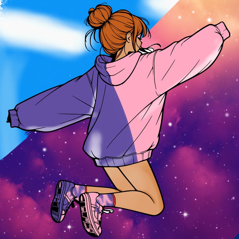 realistic girl jumping with a bun and oversized sweatshirt