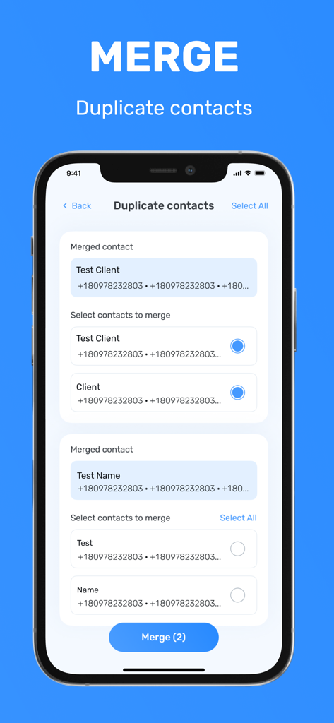 Captura de pantalla de iPhone que muestra la función de fusión de contactos duplicados en la aplicación Clean Storage Master Cleaner.