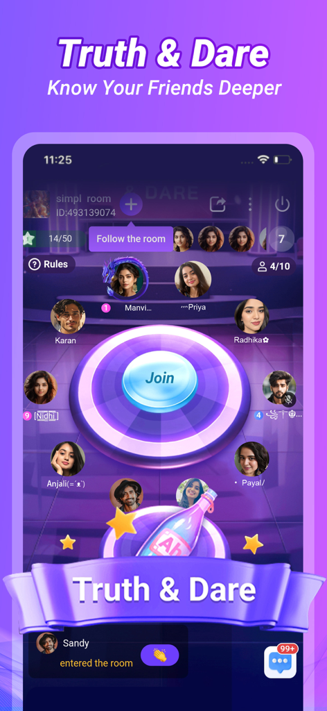 Achat- Live Chat& Make Friends - Interface of the Truth & Dare social game in the Achat app voice chat room