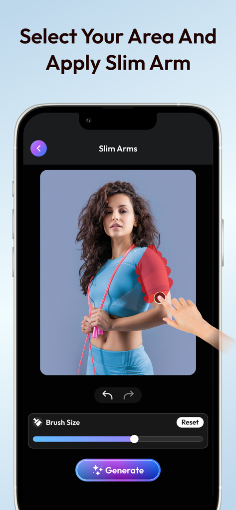 Make Me Slim - AI Body Shape - Interface of the Make Me Slim app showing the slim arms feature with a brush tool selecting an area for AI retouching.