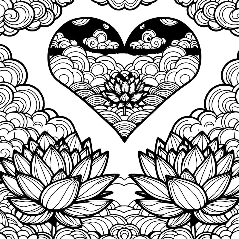 intricately detailed lotus flowers in the shape of a heart, heart petals, cloudy sky above, detailed cloud layer