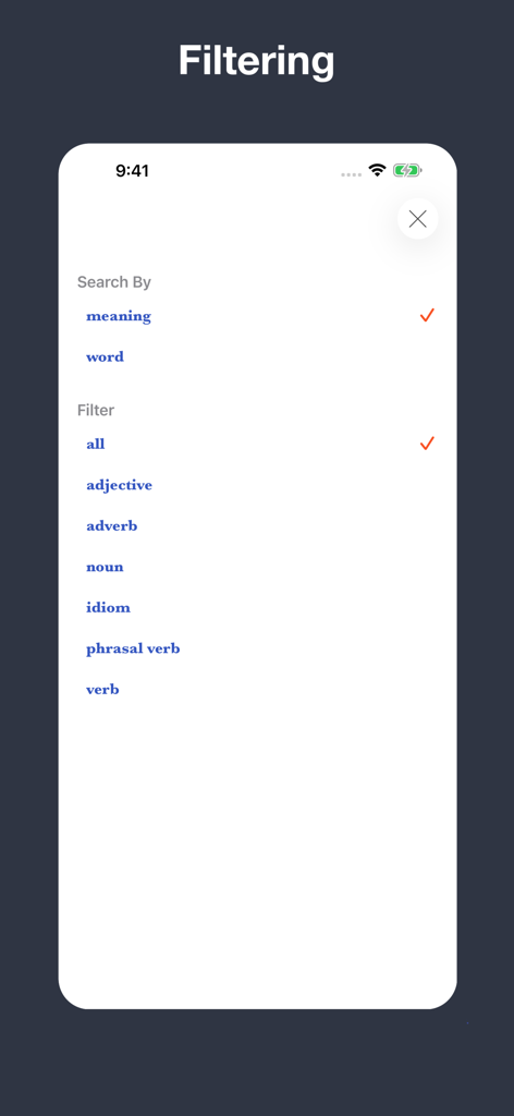 English Meaning Dictionary - Screenshot of the English Meaning Dictionary app showing search filtering options such as search by meaning and word type filters like noun adjective and verb