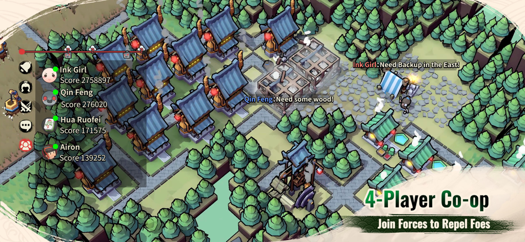 Inkvasion - Capture d'écran du gameplay d'Inkvasion montrant quatre joueurs collaborant dans un mode de survie coopératif avec des graphismes en voxels