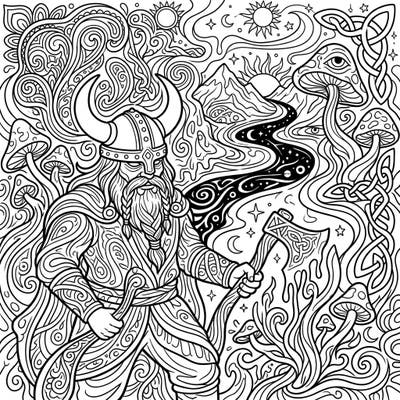 Journey into a mesmerizing world where ancient Norse mythology meets vibrant psychedelic art. This intricate coloring page features a stoic Viking farmer amidst a swirling landscape of fantasy.