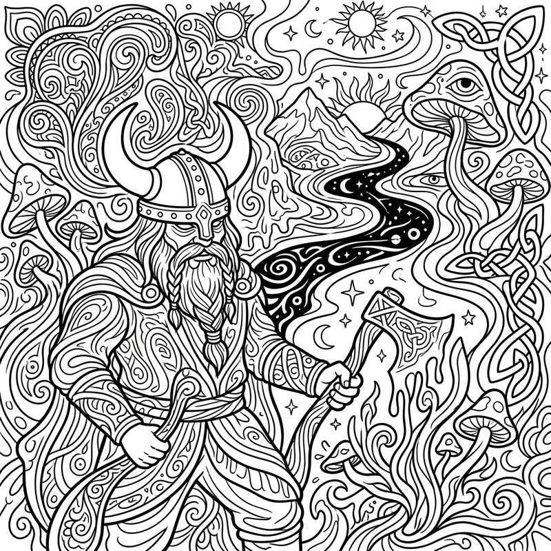 Journey into a mesmerizing world where ancient Norse mythology meets vibrant psychedelic art. This intricate coloring page features a stoic Viking farmer amidst a swirling landscape of fantasy.