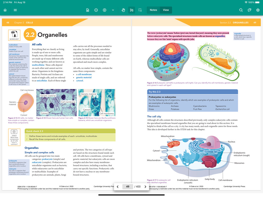 Box of Books Reader - Digital science textbook open to the cell organelles chapter in the Box of Books Reader app