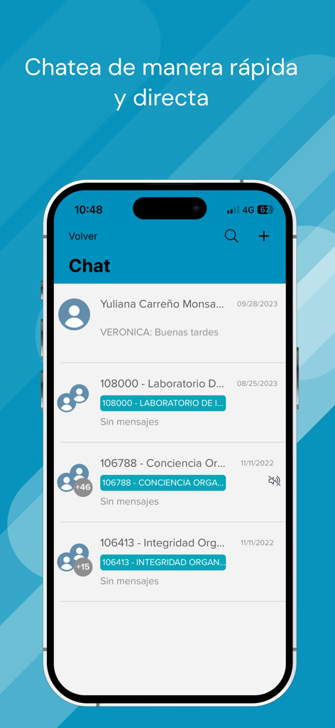 Te Quiero en la U - Pantalla de chat de la aplicación Te Quiero en la U que muestra una lista de conversaciones y mensajes.