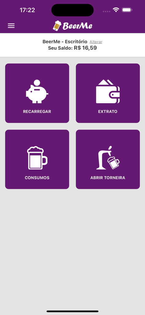 BeerMe - BeerMe mobile app home screen displaying menu icons for recharging credits, viewing statements, tracking consumption, and opening a beer tap.