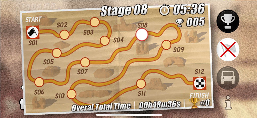 DuneDrift - DuneDrift game screen showing a navigation map with twelve rally stages in a desert environment