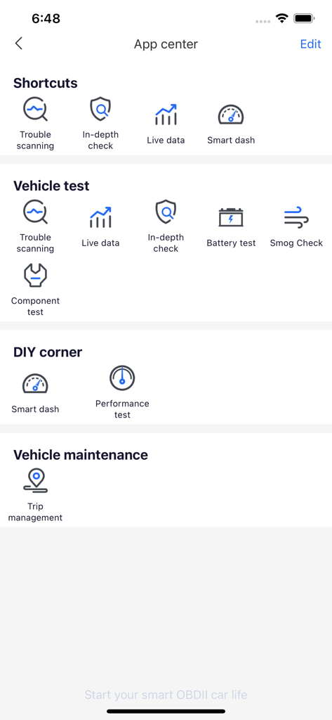 Advancer AD20 App Center mit Kategorien für Fahrzeugtests, Diagnose und Wartungswerkzeuge.