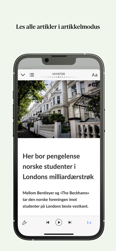 Articolo di notizie di Aftenposten in modalità di lettura mobile con controlli di riproduzione audio integrati.