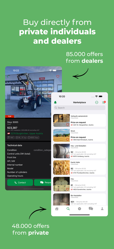 Landwirt.com에서 판매되는 중고 트랙터 및 농업 장비를 보여주는 모바일 앱 인터페이스