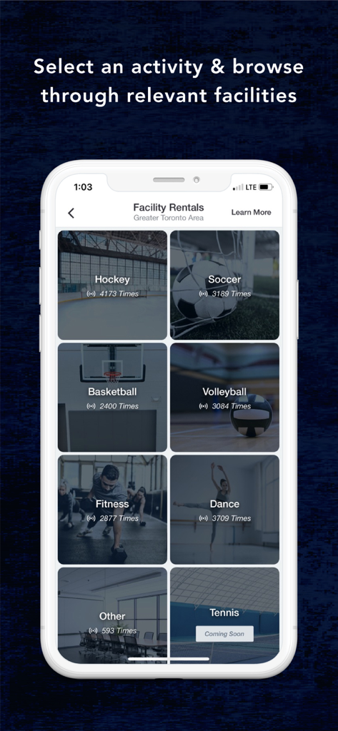CatchCorner by SI - CatchCorner app screen for browsing sports facility rentals by activity
