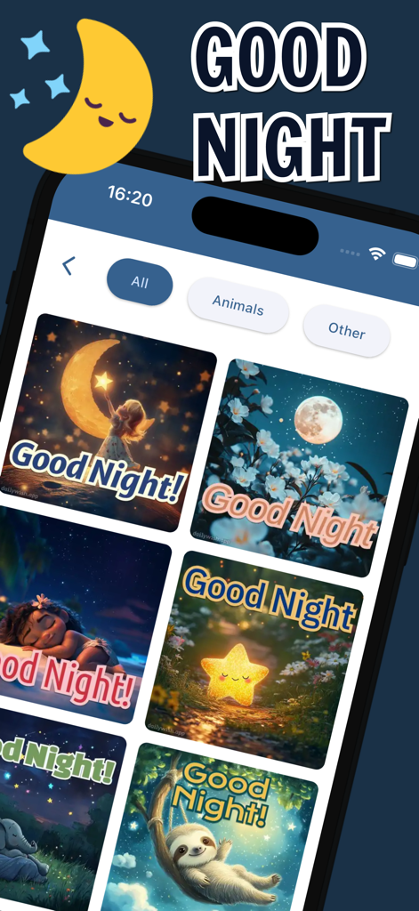 Good Morning Messages & Wishes - A gallery of good night greeting cards and images within the Good Morning Messages and Wishes app interface.